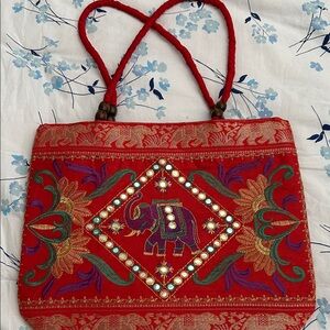 Red EmbroideredElephant Tote Bag
